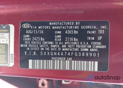 2015 Kia Optima Ex from USA, damaged, VIN 5XXGN4A74FG389901